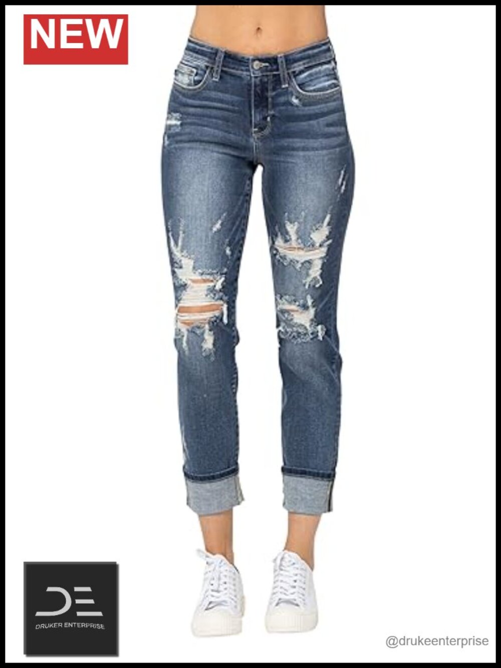 Mid-Rise Destroy Boyfriend Jeans Cuffed Straight Leg Denim Stretch